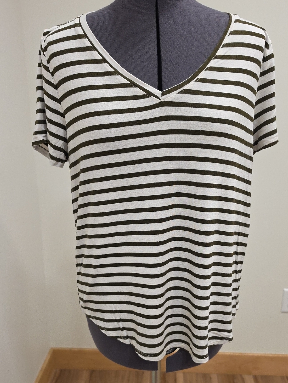 Green Envelope Olive and White Striped V-Neck Short Sleeve Tee